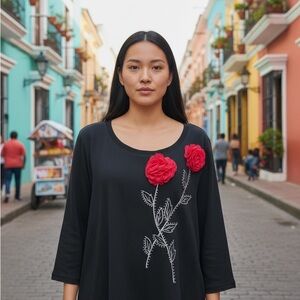 Quacker Factory Black Top with Blue Floral Accents